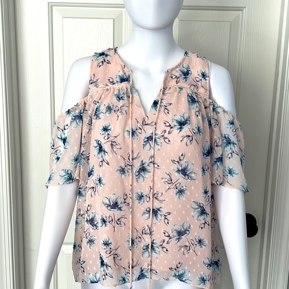Anthropologie🌸Moon River Eyelet Peplum Light pink/Blue Floral Cold Shoulder -S - Picture 1 of 10